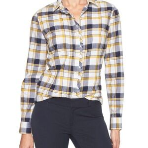 Banana Republic Yellow and Navy Checkered Shirt petite